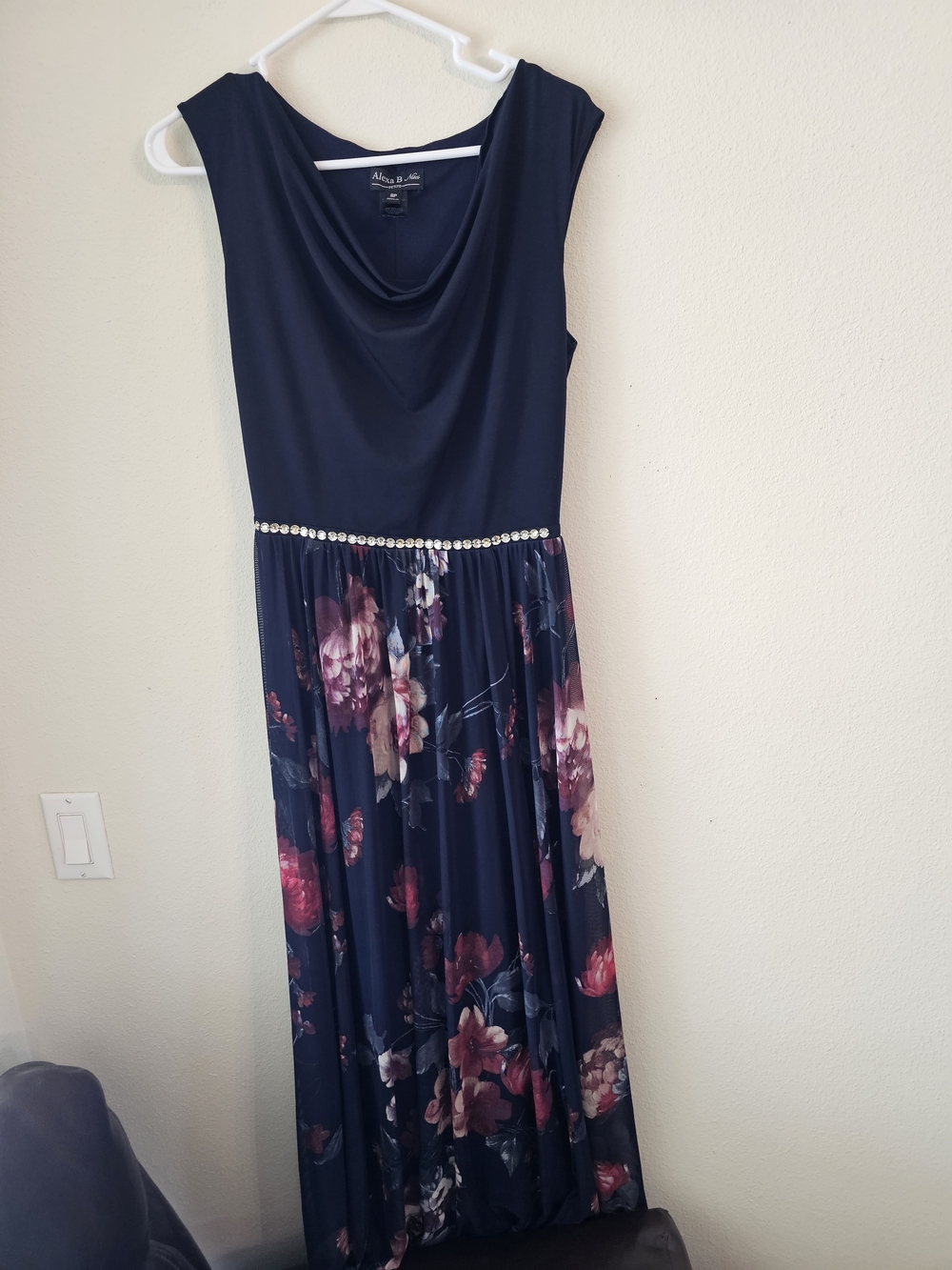 Elegant Navy Floral Maxi Dress with Rhinestone Waist